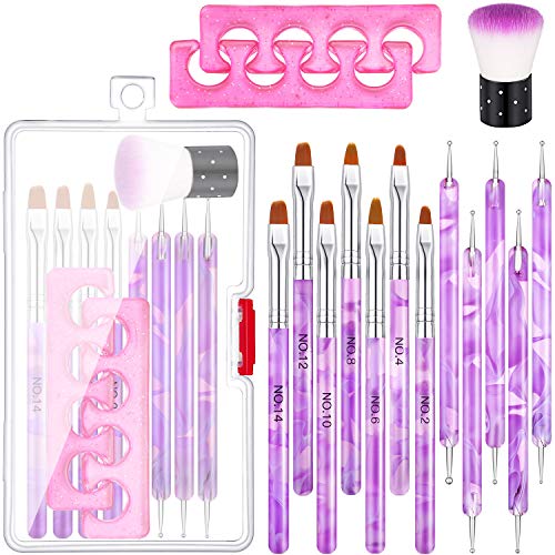 15 Pieces Acrylic Nail Brush Set, UV Gel Nail Art Brushes, Double Ended Nail Dotting Pens, Finger Toe Separators, Soft Kabuki Brush Nail Art Dust Remover Brush and Storage Box for Women Girls