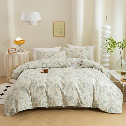 ECOCOTT 3 Pieces Duvet Cover Set with Vintage Green Leaves Pattern 100% Natural Cotton Cozy Simple Style Bedding Set (Queen Size)