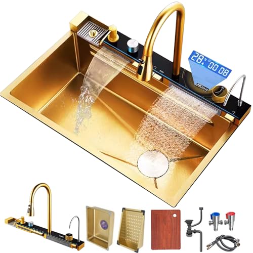 FIVIXIL Kitchen sink double waterfall sink with LED display with cup washer soap dispenser waterfall mixer worktop controller etc. workstation kitchen sink (Gold 26.8 * 18.1 * 8.7 IN)
