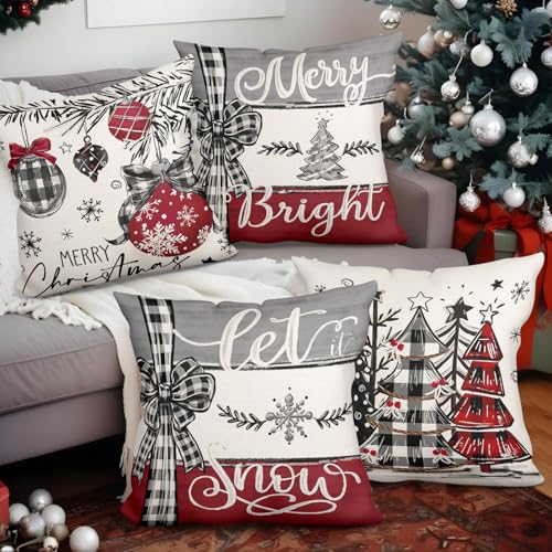 Lot de 4 Housses Coussin Noel, Rouge et Grise Housse de Coussin Noël 45x45 Cm, Lin Housse Coussin Noel à Nœud Papillon Motif pour Chambre, Canapé, Chaise, Voiture, Lit, Decoration Interieur Maison – vue 4