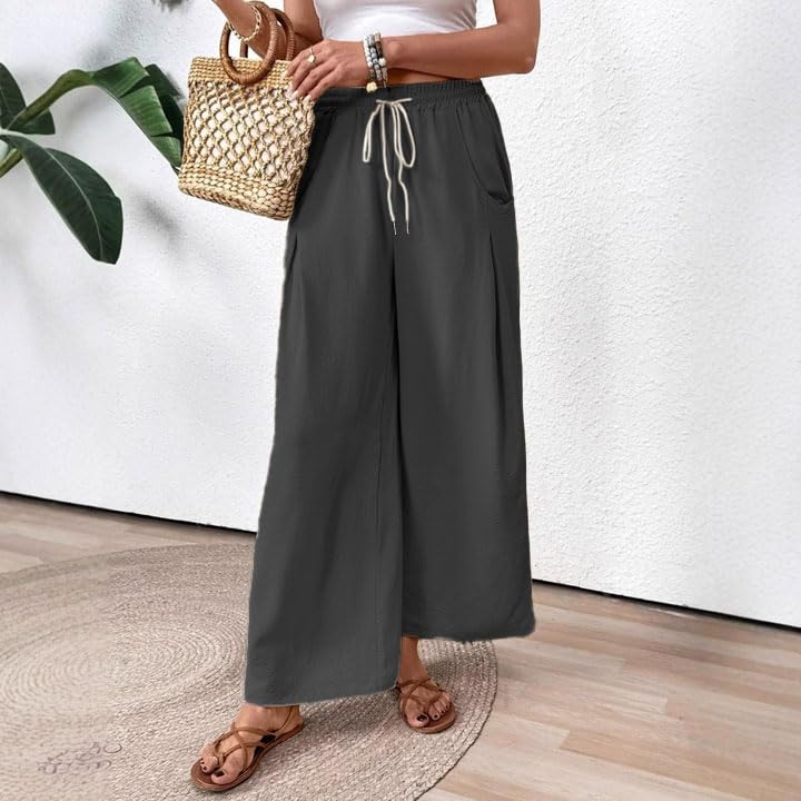 Womens Wide Leg Pants Flowy Stretch Drawstring High Waisted Summer Lounge Palazzo Trousers with Pockets2