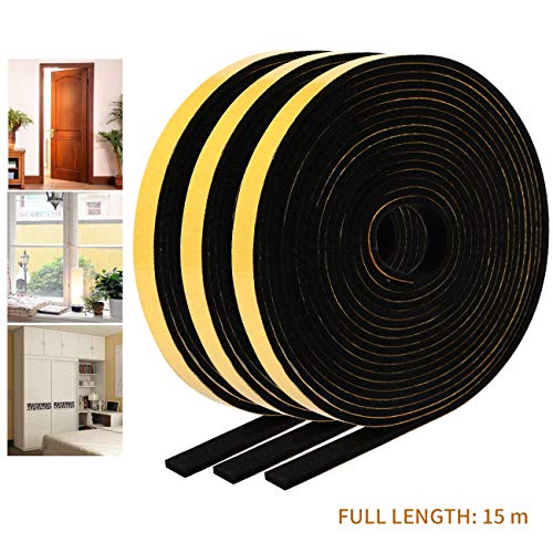 EXTSUD Door Seal Weather Strip Foam Tape, 3 Rolls 12mm(W) x 3mm(T) x 5M(L) Window Door Seal Draught Excluder Tape, SoundProof Insulation System Tape
