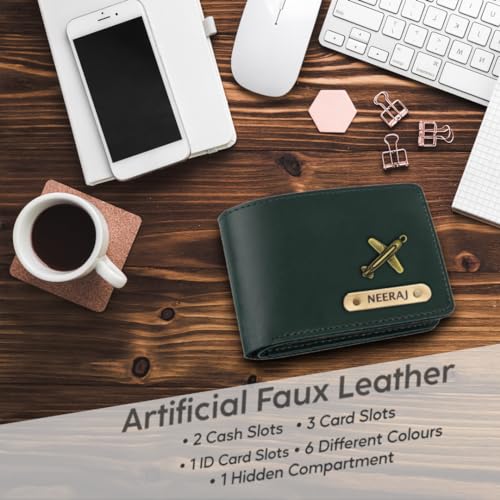 Image of Mens Leather Wallet and Keychain Combo Name Leather Wallet Keychain for Mens Personalized Wallet Keychain Set with Names Keychains for Men | Customised Gift Set for Men with Name & Charm, Green