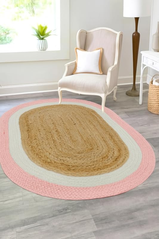 Tapis ovale en fibre naturelle rose, blanc et jute naturelle, 0,9 x 1,5 m, tissé à la main | Décoration d'intérieur rustique et contemporaine | Tapis durable pour chambre à coucher