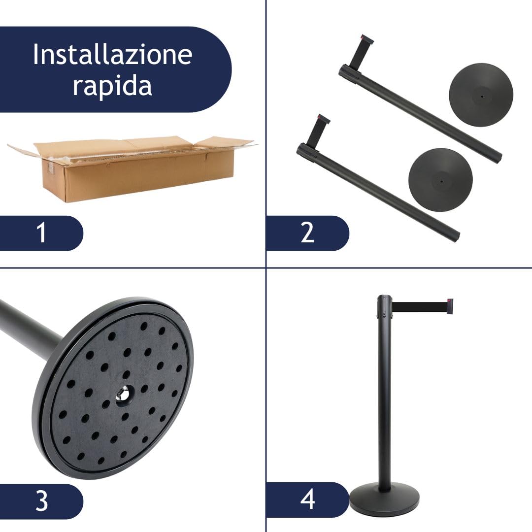 Danieli | Paletti delimitazione con nastro | Coppia di Colonnine Tendinastro Segnapercorso Nere | Delimita Corsie con Paletti Distanziatori con nastro da 3 metri NERO