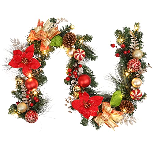 Adeeing 6FT Christmas Garland with Lights, Xmas Battery Operated Artificial Rattan with Classic Red Gold Decorations, Xmas Garland for Home Indoor Fireplace Mantle Outdoor Decor, Red