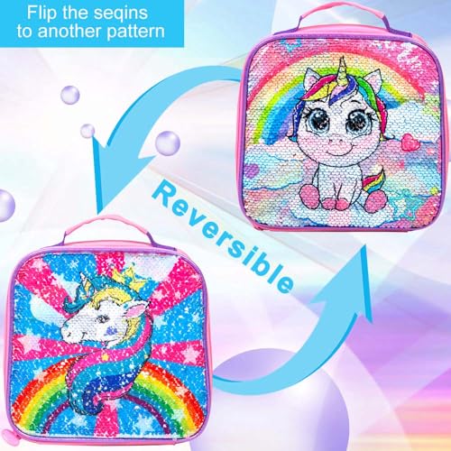 3PCS Toddler Backpack for Girls, 12” Unicorn Sequins Preschool Bookbag and Lunch Box3