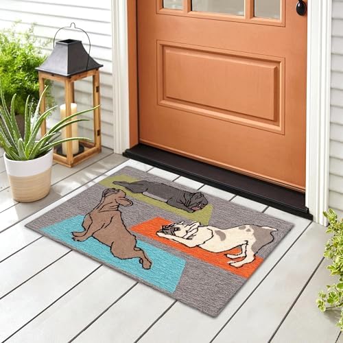 Liora Manne Frontporch Indoor Outdoor Rug - Novelty Design, Hand Hooked, Weather Resistant, UV Stabilized, Foyers, Porches, Patios & Decks, Yoga Dogs, 1'8" x 2' 6"