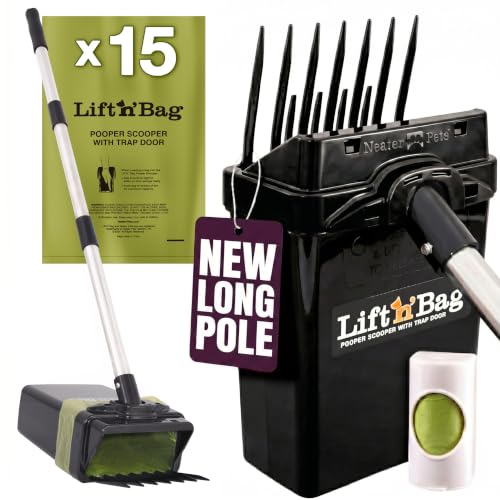Neater Pet Brands Lift N’ Bag 2.0 Dog Pooper Scooper with Bag Attachment & 31" Pole for Small to Large Dogs, New Longer Pole, 15 Refill Bags, Heavy Duty Dog Poop Scooper for Yard, One-Hand Use by Neater Pet Brands - Used condition - US$26.99