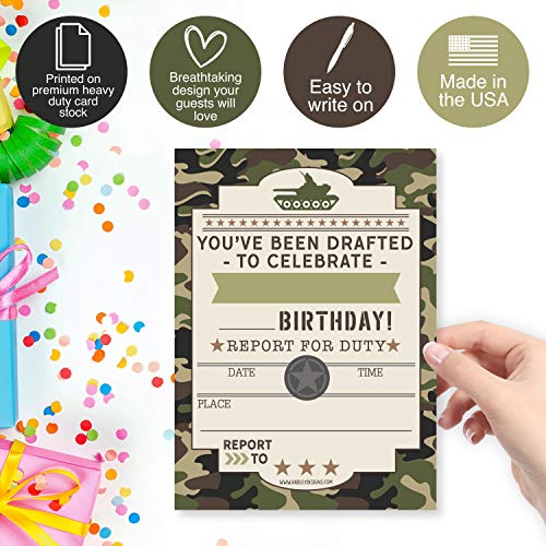 Image of Hadley Designs Kids Birthday Invitations For Boys Army Theme - 25 Call of Duty Birthday Party Invitations For Boys, Camo of Duty Invites For Boy, Cute Camouflage Military Party Supplies, Made In USA