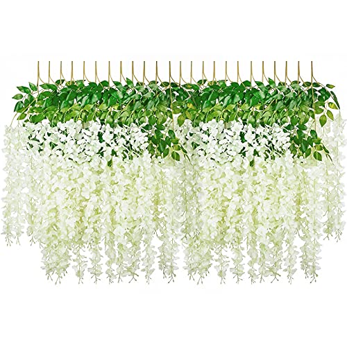 24 Pack 3.6 Feet Wisteria Hanging Flowers, Artificial Fake Wisteria Flower Vines Garland Silk Flowers String For Wedding Party Wall Decorations (White, 24) #TOP30