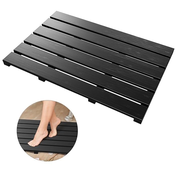 Aggloz | ECO Shower/Bath Floor Mat | Non-Slip Mat with Rubber Plugs | Easy to Clean | Water Resistant Shower Mat | Slatted Duckboard Design | Multipurpose Bath Mat | 61 x 37 cm (Colour-Black)