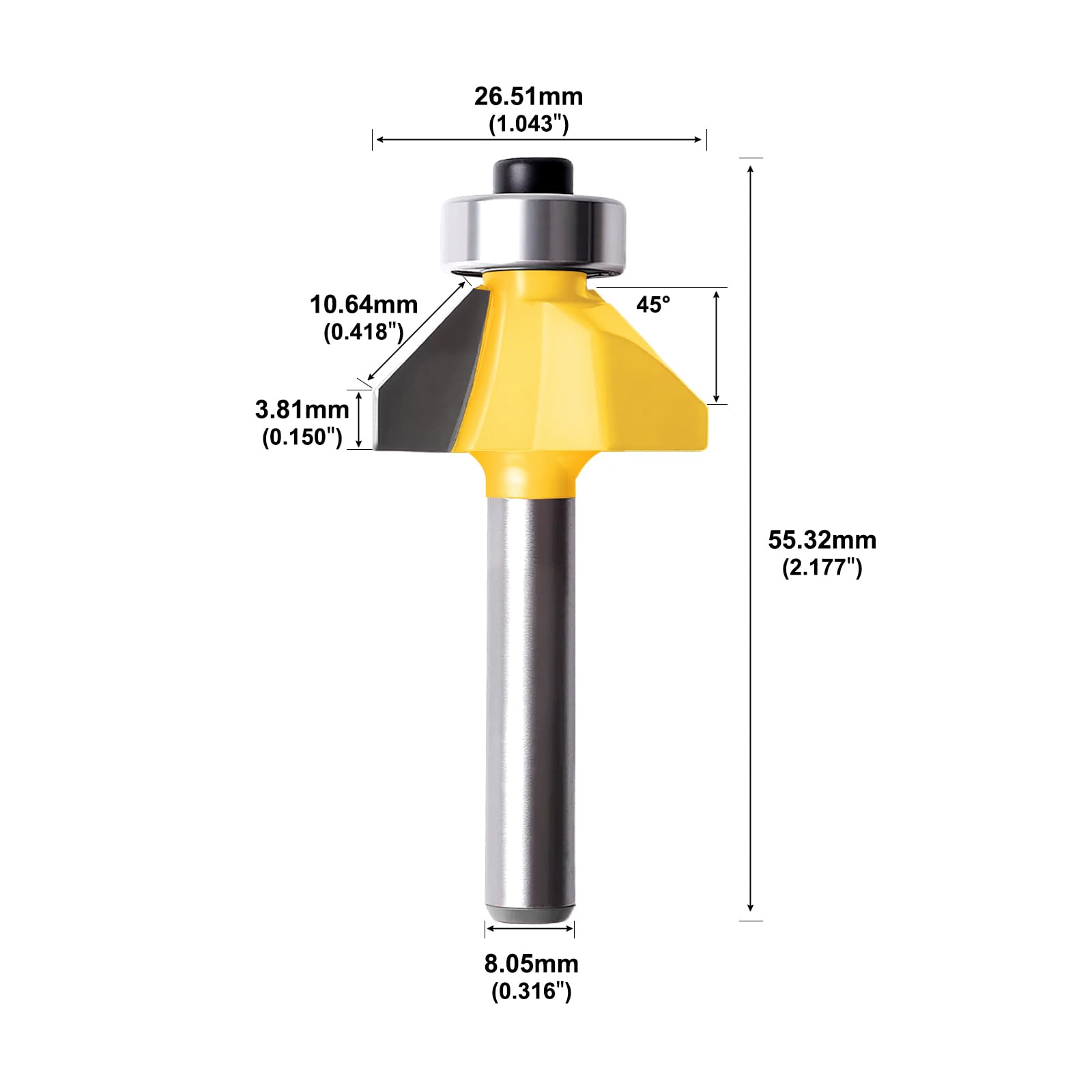 Punte per fresa in carburo di tungsteno da 45 gradi con gambo da 8 mm, per fresa per lavori fai da te del legno, taglio a filo TS/XD-02 (20,3 x 0,9 cm)