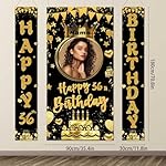 Custom Photo Birthday Banner Set Personalized Name Door Banners Fabric Backdrop Birthday Decorations Party Supplies Background for Indoor Outdoor Front Door Sign(Black and Gold) - Image 3