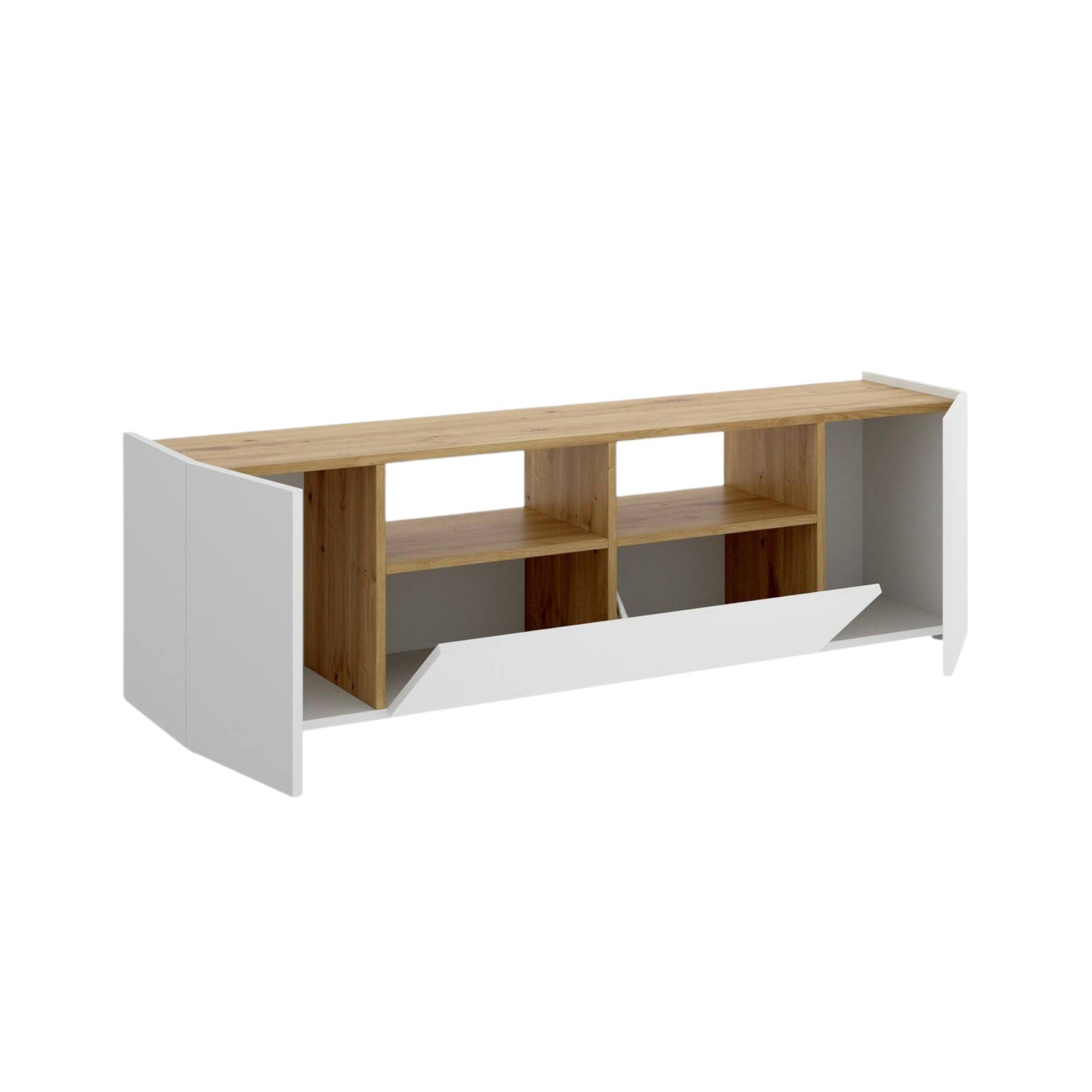 Dmora - Mobile porta TV Etna, Credenza bassa da soggiorno, Madia da salotto per televisione, 142x35h44 cm, Bianco e Rovere Nodi