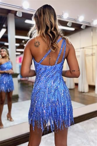 Sparky Sequin Homecoming Dresses for Teens One Shoulder Bodycon Mini Cocktail Party Gowns with Tassels3
