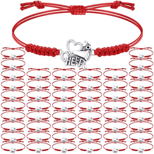 Image of Inbagi 48 Pcs Cheer Team Gifts Bulk Cheerleader Bracelet Party Favors | Adjustable, Jewelry Accessories, Squad Gifts for Team Members, End of Season Appreciation, Braided Cord with Heart Charm