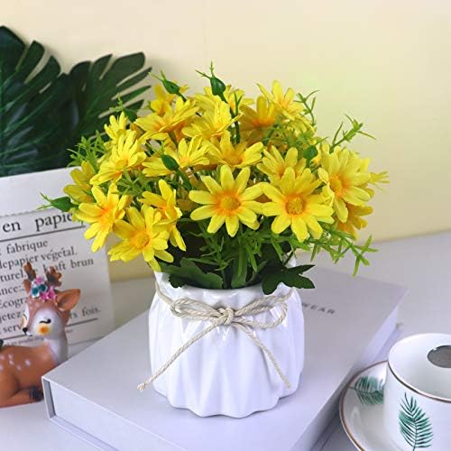 UIKKOT Artificial Daisy Bouquet with Small Ceramic Vase Fake Silk Daisies Flowers Fake Plant Bonsai Decoration for Home Office Table Centerpieces Arrangement Wedding (Daisy Yellow)