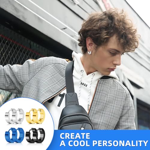 4 Pairs Unisex Hoop Earrings Set – 4 Color Stainless Steel Small Huggie Earrings for Men & Women (Gold, Silver, Black, Blue) | Hypoallergenic Ear Piercing Jewelry4