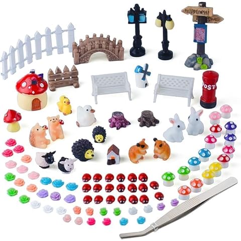 Zealor 100 PCS Mini Fairy Garden Accessories Kit Outdoor Mushroom Tiny Animal Miniatures Garden Figurines Landscape Ornaments for Bonsai Terrarium House Plant Party Decoration Supplies Cover