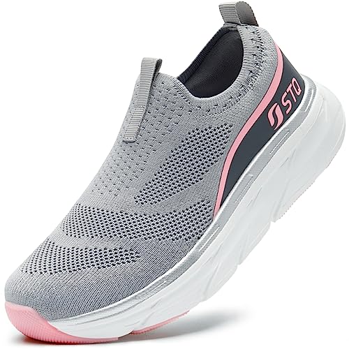 STQ Slip on Sneakers Women Breathable Walking Shoes Arch Support Tennis Shoes Laceless Running Shoes with Thick Sole Grey Pink 8.5 US