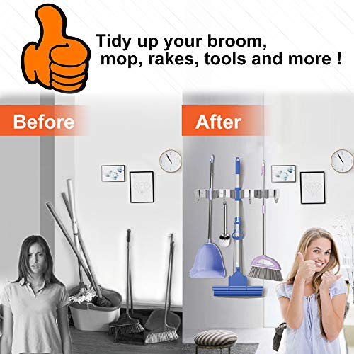 Mop Broom Holder- Wall Mount Stainless Garage Tools Organizer with 3 Racks 4 Hooks, Hold up to 20 Lbs, Organizers and Storage for Kitchen Bathroom and Garage. - Thumbnail 6