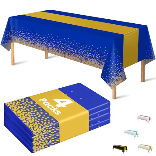 Image of OHOME 4 Pack Disposable Plastic Table Cloths for Parties,Royal Blue and Gold Rectangle Table Covers for Graduation Wedding Birthday Fathers Day Decorations | Christmas Decorations 54 inch x 108 inch