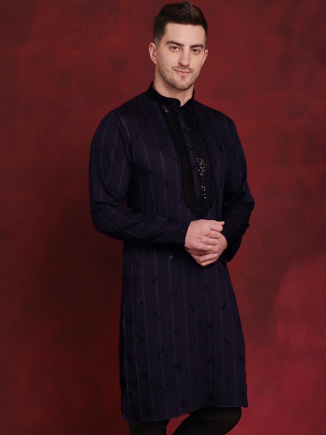 Jompers Sequins Embroidered Kurta Pyjama Set For Men. (Navy, M)