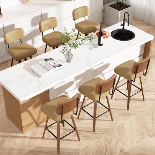 Image of Swivel Bar Stools Set of 6, 26 inch Upholstered Faux Leather Counter Height Barstools with Walnut Back & Bentwood Legs, Mid Century Modern Bar Chairs Island Stools for Kitchen Counter, Khaki