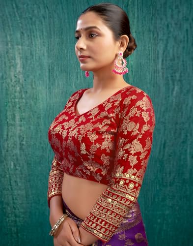 SIRIL Readymade Saree Blouse for Women | Silk Blend Sequence Embroidery 3/4 Sleeve Blouse | Stitched Padded Blouse