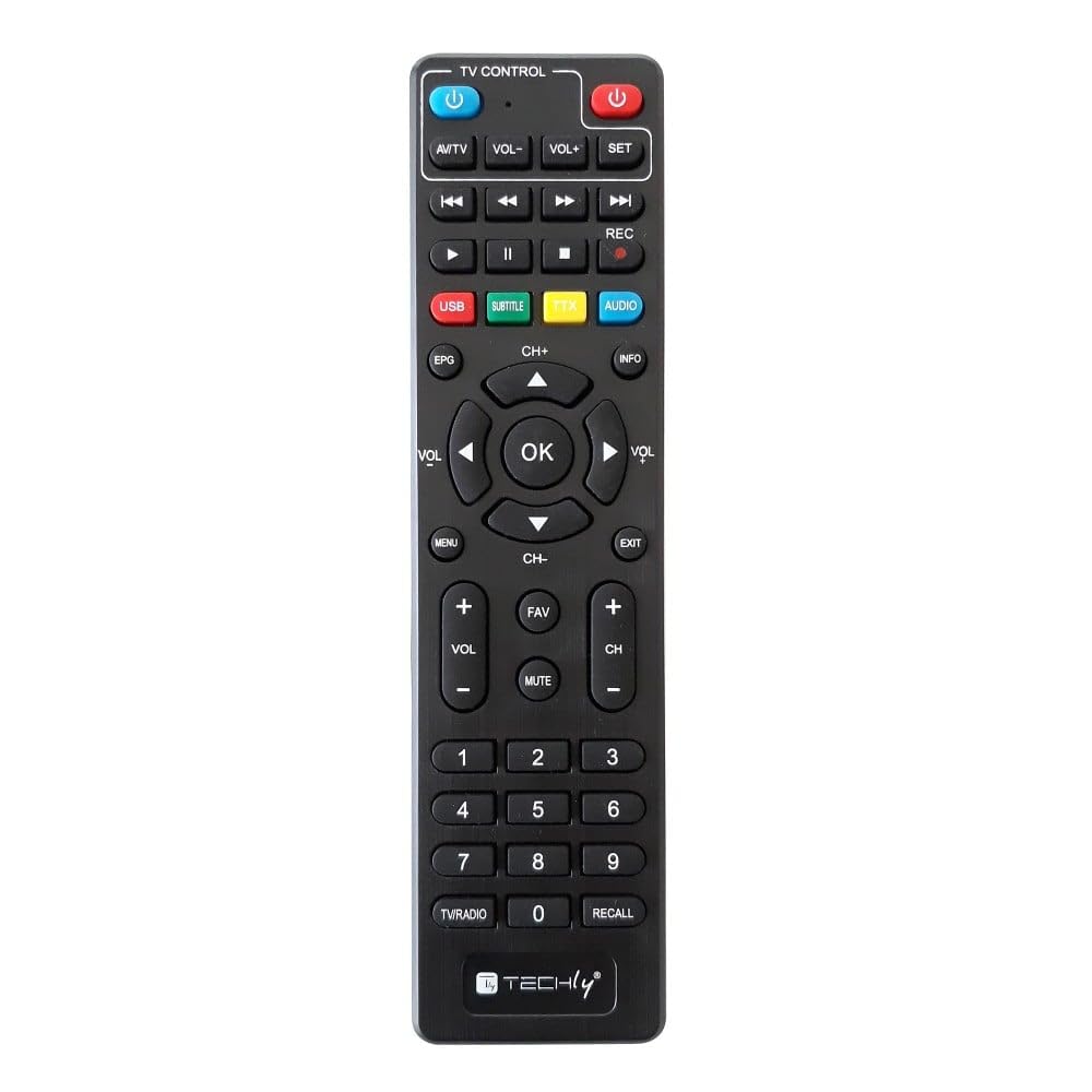 Techly 360974 DVB-T/T2 H.265 HEVC 10bit metalowy dekoder odbiornika cyfrowego, uniwersalny pilot zdalnego sterowania 2 w 1 z zasilaczem 12 V, czarny