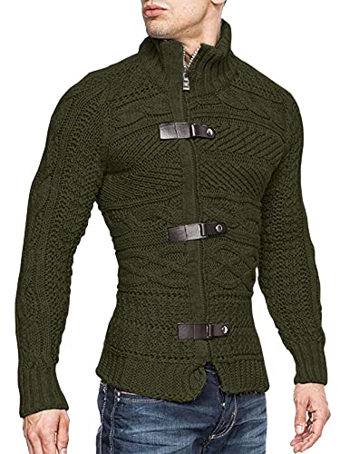 Karlywindow Men's Cable Knitted Oplique Zip Button Front Long Sleeve Cardigan Sweater (Medium, Army Green) #TOP1