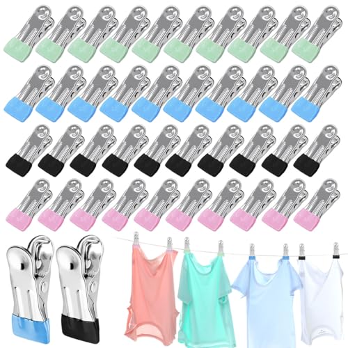 Huucozn 40 Stück klammern metall Wäscheklammern Edelstahl ohne Abdruck rutschfeste Metallklammern handtuch klammern rutschfeste Handtuchklammer Sockenklammern für Strandliegen Kleidung Socken Handtuch