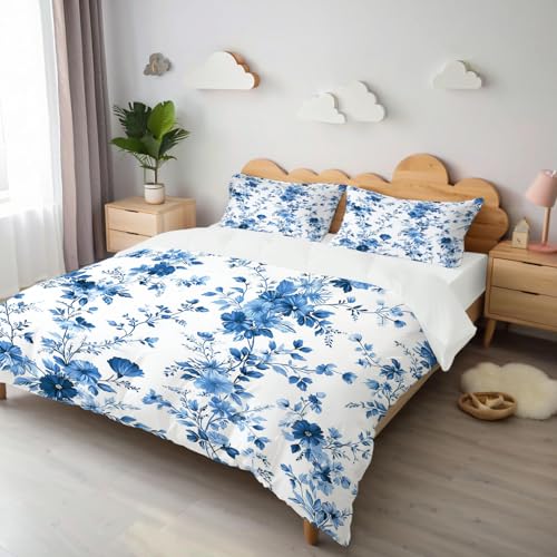 Housse de Couette Bleu Blanc Fleurs 240x260cm avec Taies