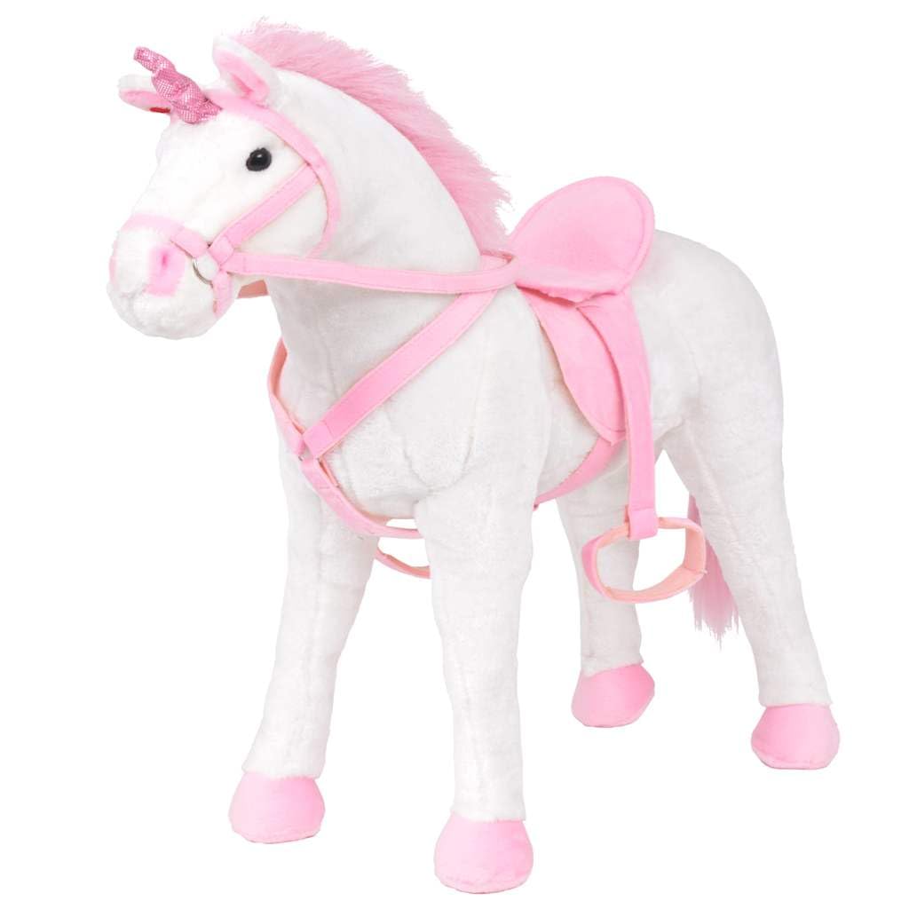 Plueschtier Einhorn stehend weiss rosa XXL mit Sound Funktion, Sattel und Zuegel, 71 x 62 cm, belastbar bis 100 kg, fuer Kinder ab 36 Monaten, Kuscheltier fuer Rollenspiel