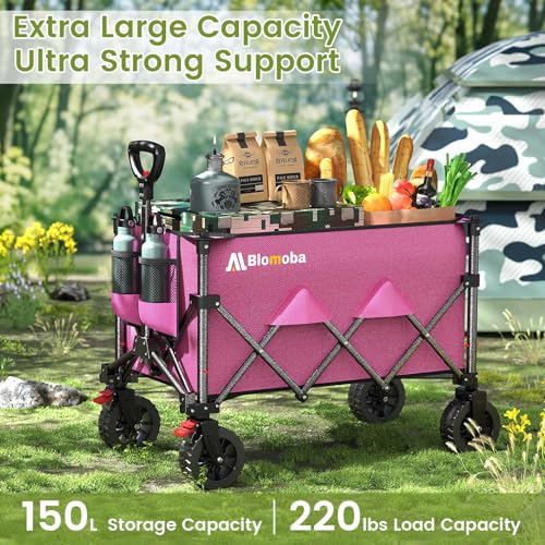 Collapsible Wagon Cart, 150L Heavy Duty Foldable Beach Wagon with Wider Wheels & Auto-Rebound Handle, Utility Grocery Shopping Cart for Garden, Shopping, Camping, Sports, Pink