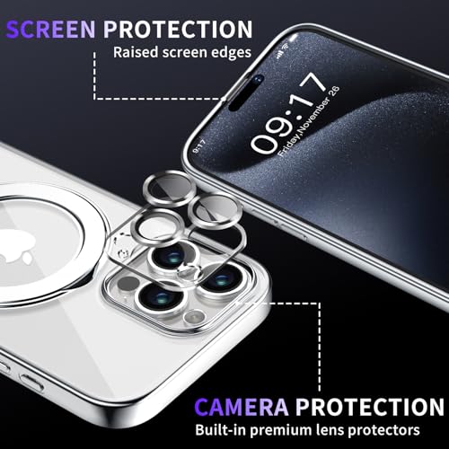 Image of Magnetic for iPhone 15 Pro Case with Invisible Stand[Compatible with MagSafe][Full Camera Lens Protector][Military Drop Protection] Shockproof Not Yellowing Clear Slim Soft for Women Men
