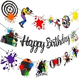 Paintball Happy Birthday Banner Glitter Black Paintball Birthday Party Decorations 2PCS Paintball Themed Shooting Game Banner Decor for Paint Ball Splatter Splash Party Supplies