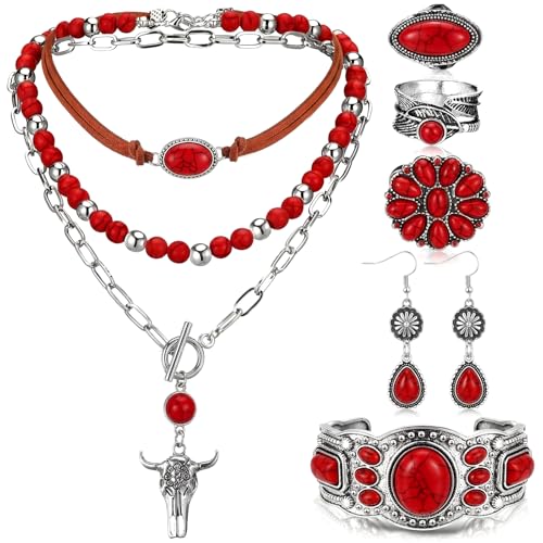 Image of Ecally Bohemian Western Jewelry Turquoise Set Women Country Pendant Long Choker Layered Bracelets Earrings Ring for Women