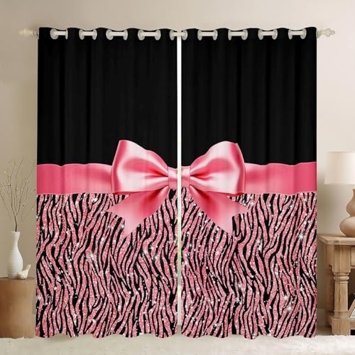 Homewish Homwish - Cortinas de ventana con lazo rosa de 52 x 63 pulgadas, juego de 2 paneles, cortinas opacas con estampado de purpurina negra y rosa, cortinas con lazo de princesa, cortinas modernas