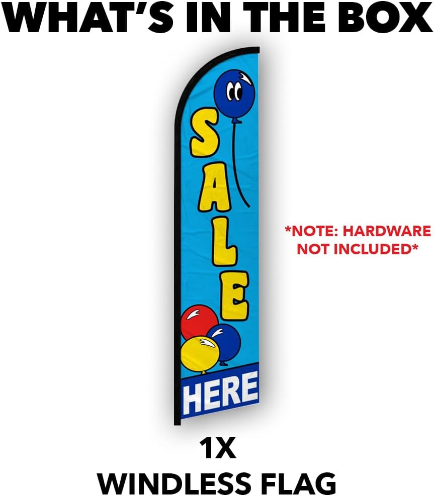 Sale Here (Balloons) Windless Banner Advertising Flag - Perfect for Retailers, Businesses, Stores, Shops