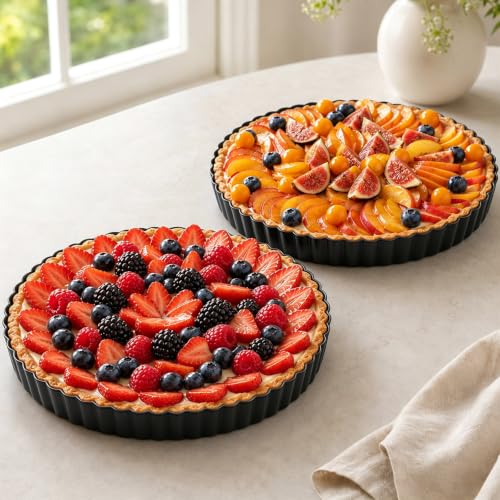 Image of 9 Inch Quiche Pans 2 Pack. Removable Bottom, Non-Stick Coating, Rugged Carbon Steel Baking Dish for Tart Quiche Pie. Metal Mold Gift for Women Wife Christmas Thanksgiving Party Festival Family