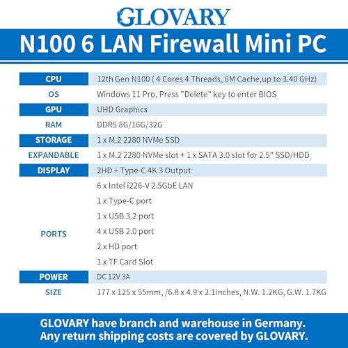 Image of Firewall Mini PC Quad Core N100, DDR5 32GB RAM 1TB NVMe SSD, 6 x 2.5GbE i226V LAN Fanless Ethernet Computer, Micro Router Appliance, AES-NI, TF, Type-C, Support Pfsense OPNsense, (N100 6L)