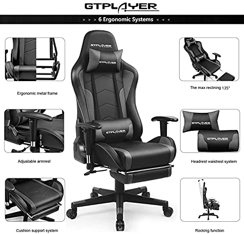 GTPLAYER-Silla-Gaming-con-Altavoz-Bluetooth-Reposapies-Escritorio-Oficina-Gamer-Ergonomica-con-Cojin-Reposabrazos-3D-Ajustables-Respaldo-Reclinable-Multifuncional-Gris-GTRACING-Series