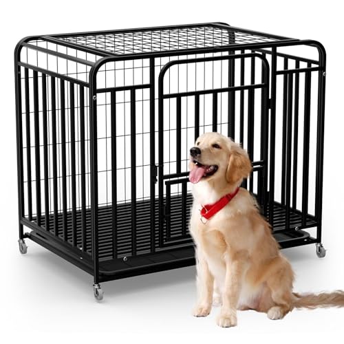 38 Inch Heavy Duty Dog Crate with 360° Lockable Wheels and Removable Tray, Escape Proof Alloy Steel Cage, Rounded Corners Reduce Hazards, for Golden Retrievers/Shepherds/Small to Medium Dogs