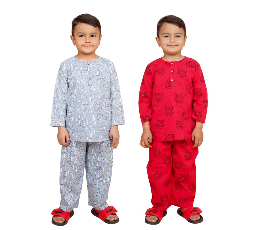 Image of Boys Cotton Night Suit | Jaipur Handblock Print Pajama Set for Kids | Boys Sleepwear | Kids Pajama Set | Baby & Toddler Sleep Suit | Combo Pack of 2