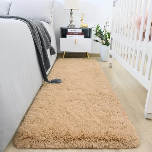 HOMORE 2x6 Runner Rugs for Bedroom, Light Tan Runner Rug for Hallway Entryway Laundry, Modern Shag Bedroom Runner Cute Carpets for Kids Dorm Bedside