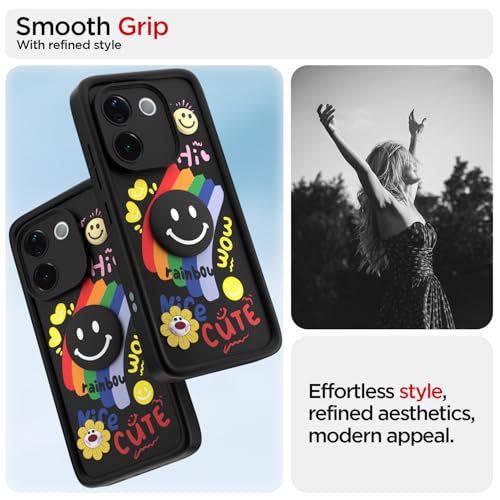 Image of Pikkme Back Cover for Vivo T3 Pro 5G / iQOO Z9s Pro 5G | Soft Silicone| Cute Rainbow Smile & 3D Cartoon Flower Design | Shockproof Raised Camera Protection Bumper Case (Black)