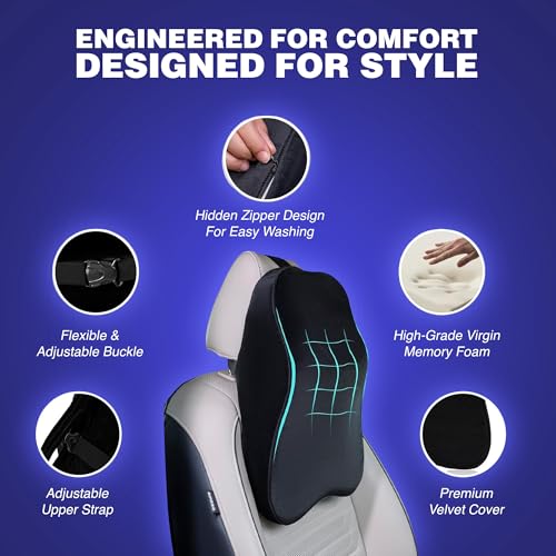 Image of WELLGIVER Orthopedic Memory Foam Car Neck Rest Pillow - Cervical Support Cushion for Neck Pain Relief, Adjustable Strap - Universal Fit for All Cars | Black Velvet