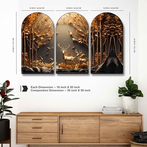 Image of Livin'luxe Golden Deer Forest Wall Painting - 3 Panel Luxury Nature-Inspired Wall Art Modern Home Decor for Living Room, Bedroom, Office & Meditation Spaces